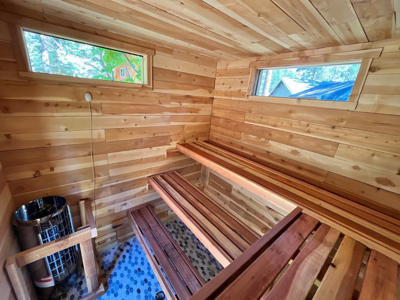 Outdoor sauna design with cedar interior